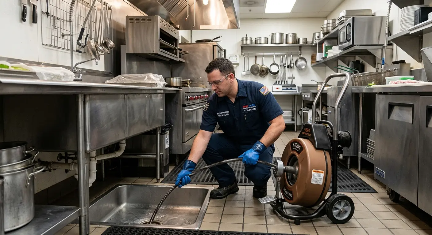 Commercial drain cleaning service in a restaurant kitchen in Enterprise