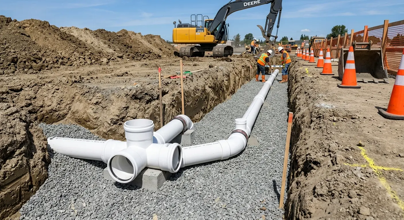 New PVC sewer pipe installation in open trench for Sewer Backup in Enterprise
