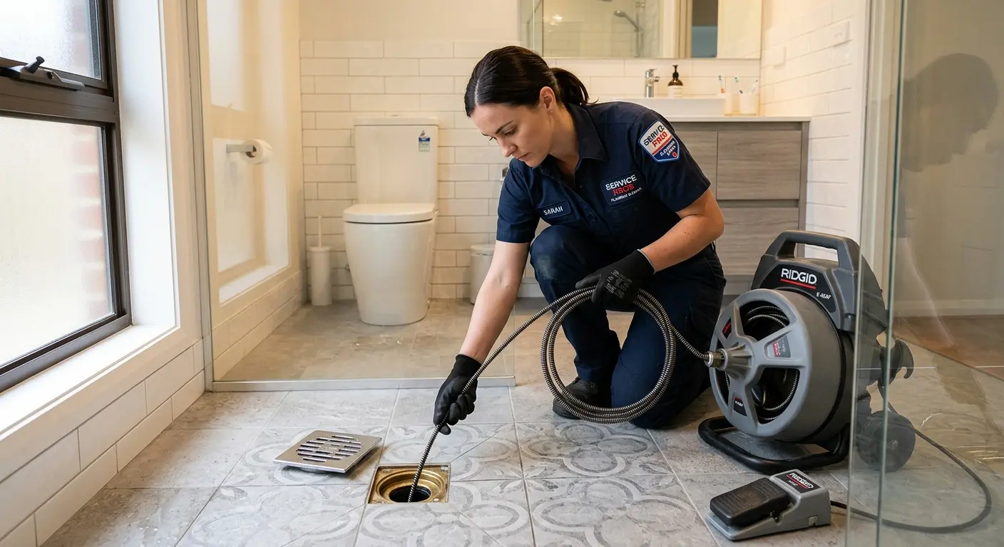 Technician clearing a bathroom floor drain for Drain Cleaning in Enterprise